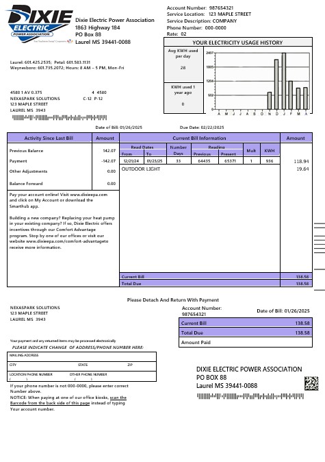 USA Mississipi Dixie Electric business utility bill template in Word and PDF formats